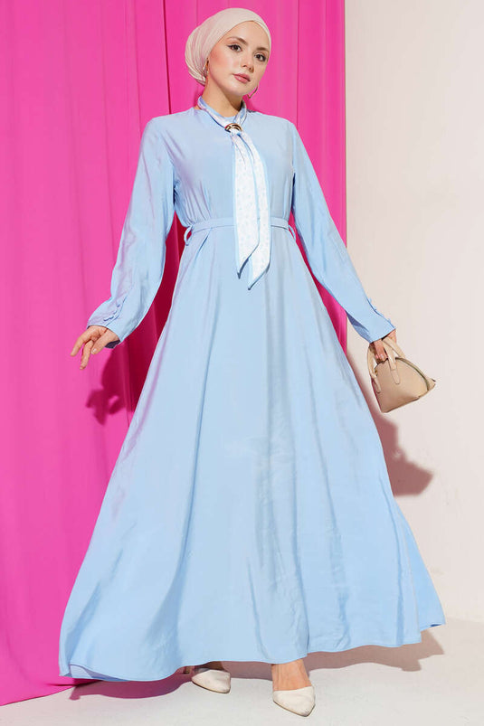 Kemerli Fularlı Tensel Elbise Mavi