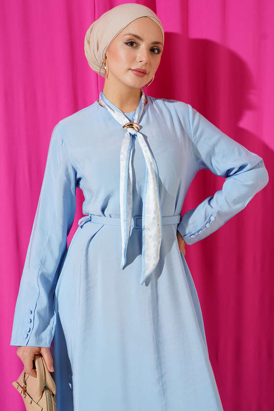 Kemerli Fularlı Tensel Elbise Mavi