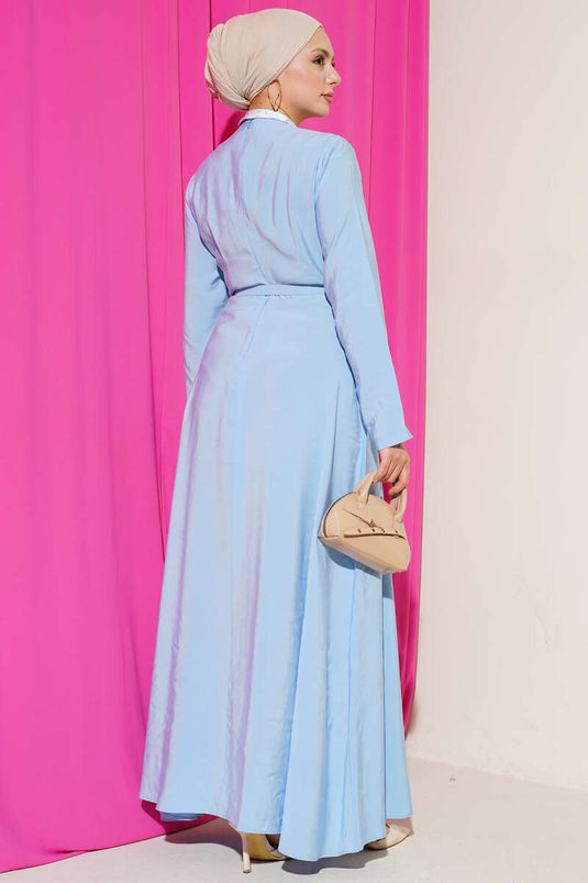 Kemerli Fularlı Tensel Elbise Mavi