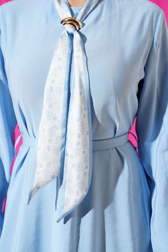 Kemerli Fularlı Tensel Elbise Mavi