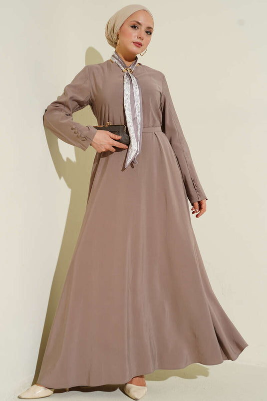 Dress with Belt and Scarf in Mink Color Made of Tencel