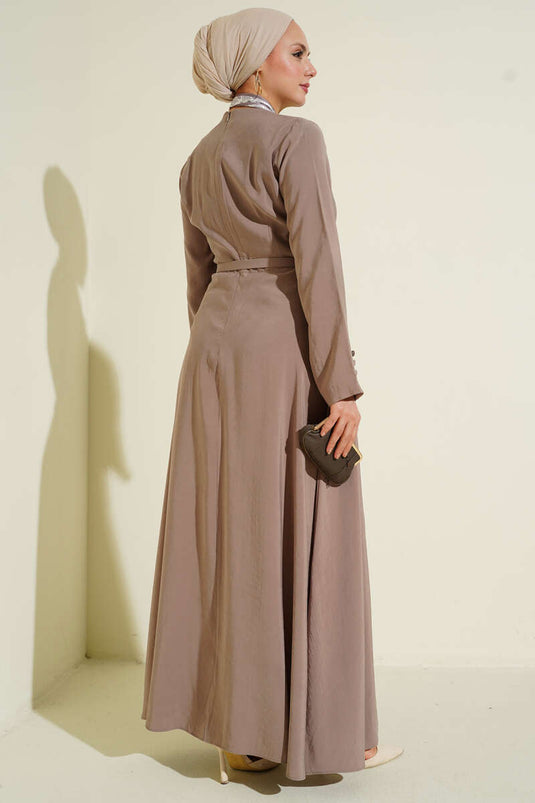 Dress with Belt and Scarf in Mink Color Made of Tencel
