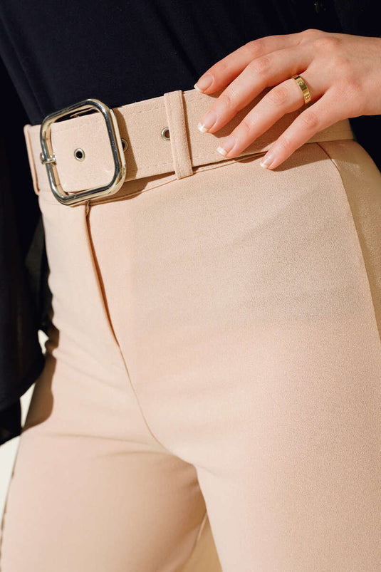 Kemerli Geniş Paça Pantolon Bej