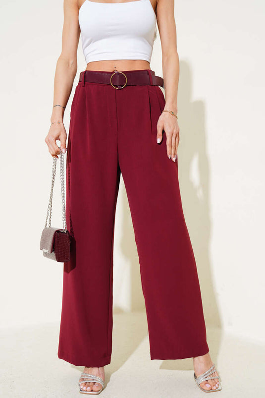 Belted Wide Leg Casual Trousers Burgundy