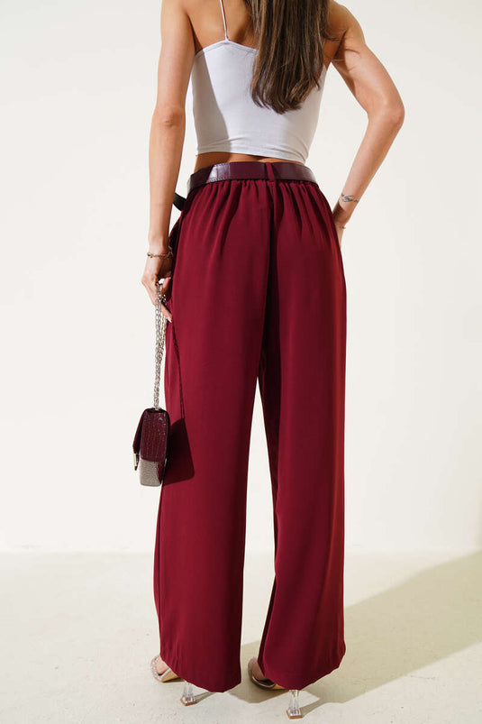 Belted Wide Leg Casual Trousers Burgundy