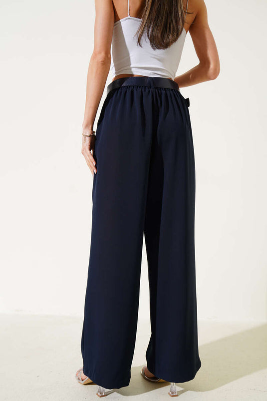 Belted Wide Leg Casual Trousers Navy Blue