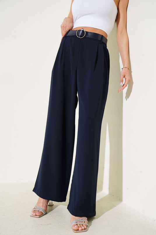 Belted Wide Leg Casual Trousers Navy Blue