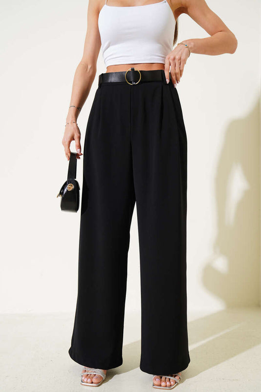 Pantalones casuales de pierna ancha con cinturón negros