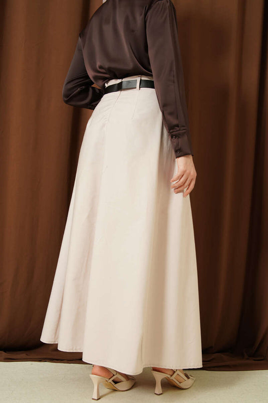 تنورة بوبلين واسعة بطيات مع حزام بلون بيج