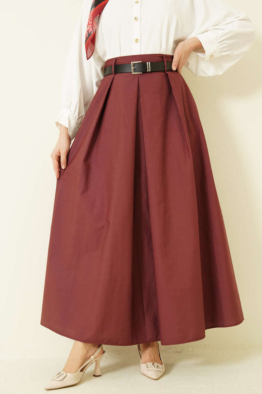Belted Wide Pleated Poplin Skirt Burgundy