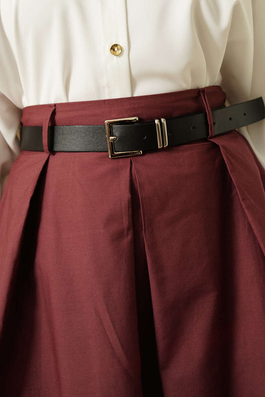 Belted Wide Pleated Poplin Skirt Burgundy