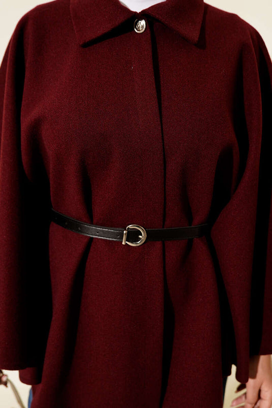 Kemerli Gömlek Yaka Kaşe Panço Bordo