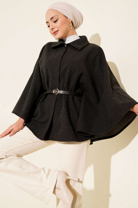 Kemerli Gömlek Yaka Kaşe Panço Füme