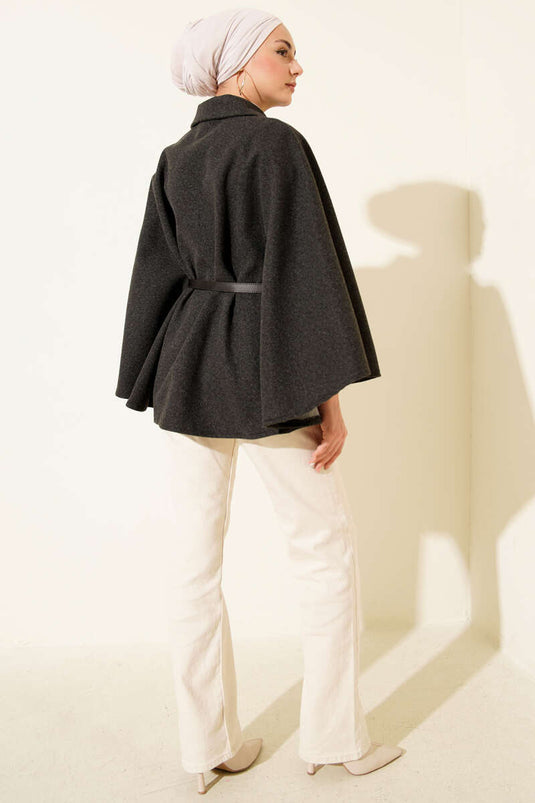 Belted Shirt Collar Cashmere Poncho Smoke