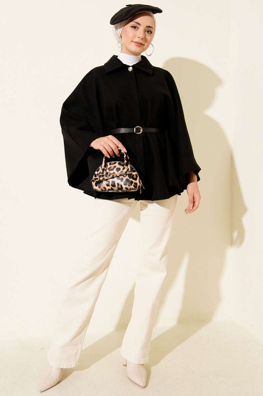 Belted Shirt Collar Cashmere Poncho Black