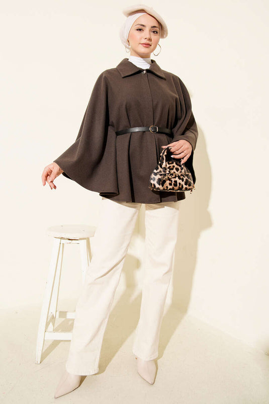 Belted Shirt Collar Cashmere Poncho Mink