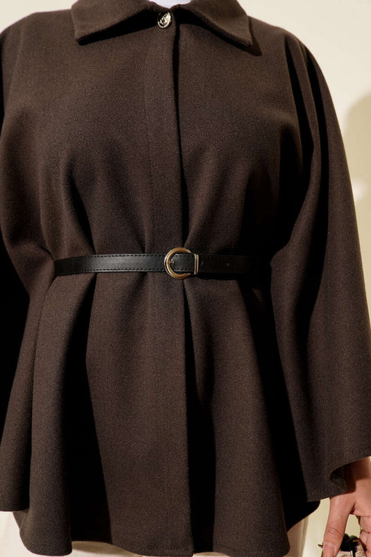 Kemerli Gömlek Yaka Kaşe Panço Vizon