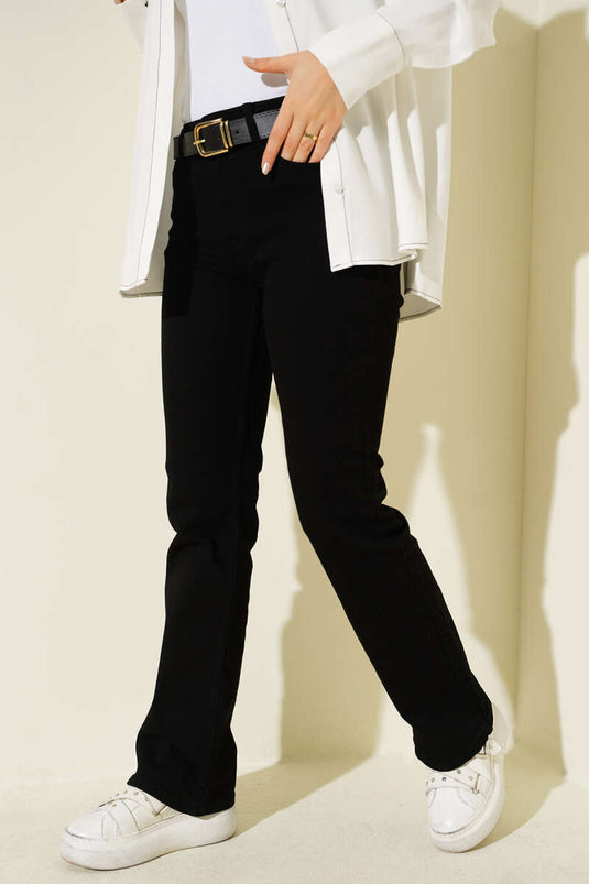 Kemerli İspanyol Paça Kot Pantolon Siyah