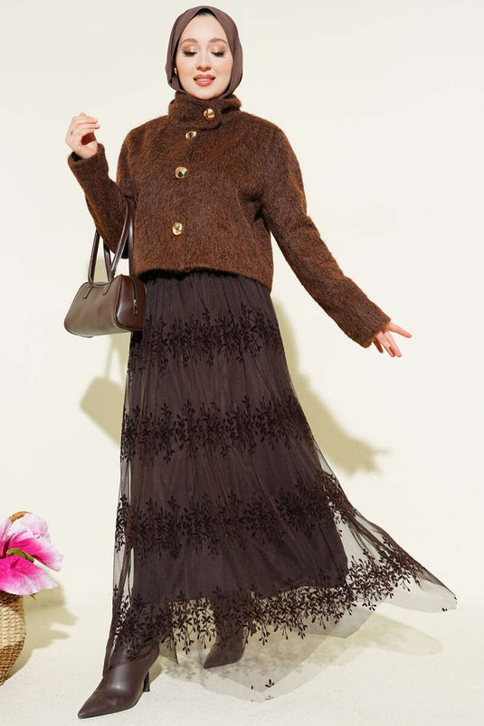 Tulle Skirt with Belt and Embossed Pattern Brown