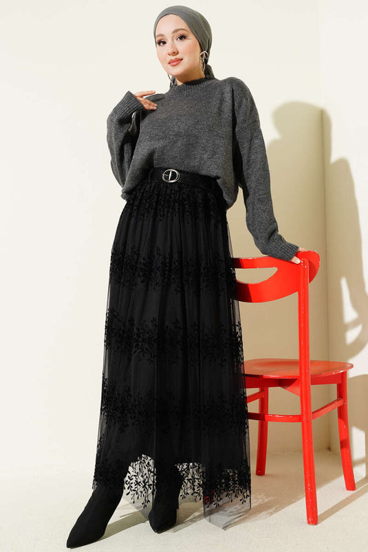 Black Tulle Skirt with Belt and Embossed Pattern