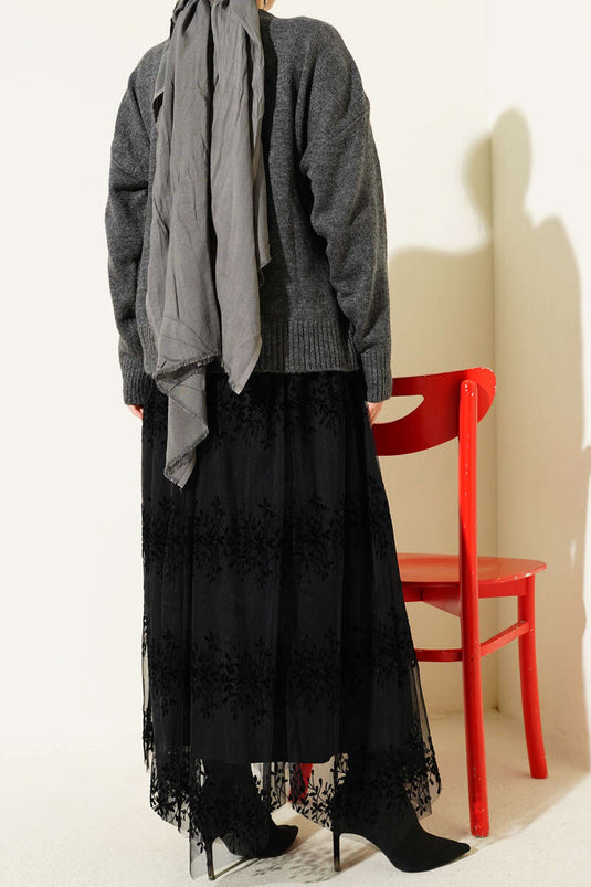 Black Tulle Skirt with Belt and Embossed Pattern