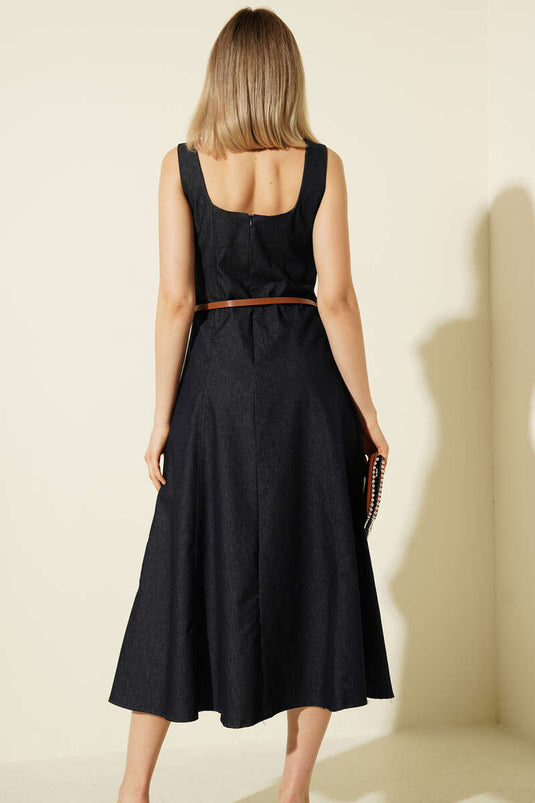 Denim Midi Dress with Belt and Square Neck in Navy Blue