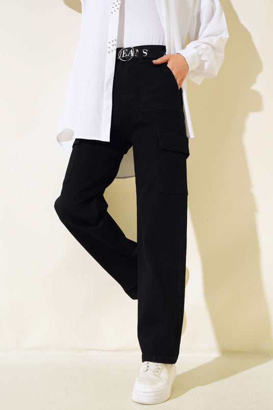 Belted Cargo Pocket Pants Black