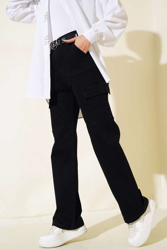 Belted Cargo Pocket Pants Black