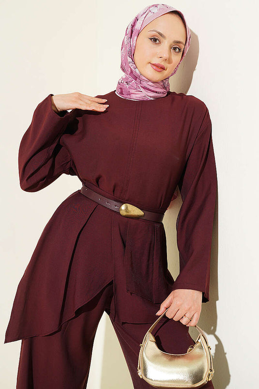 Kemerli Katlı Pantolonlu İkili Takım Mürdüm