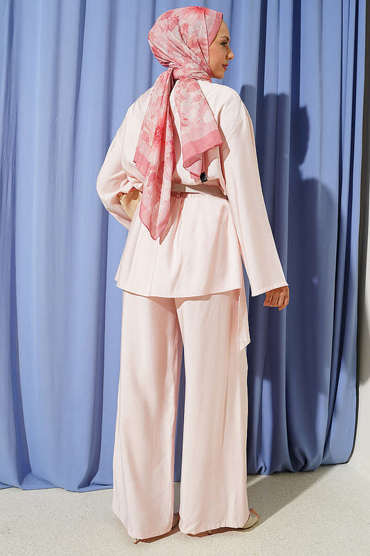Kemerli Katlı Pantolonlu İkili Takım Pembe