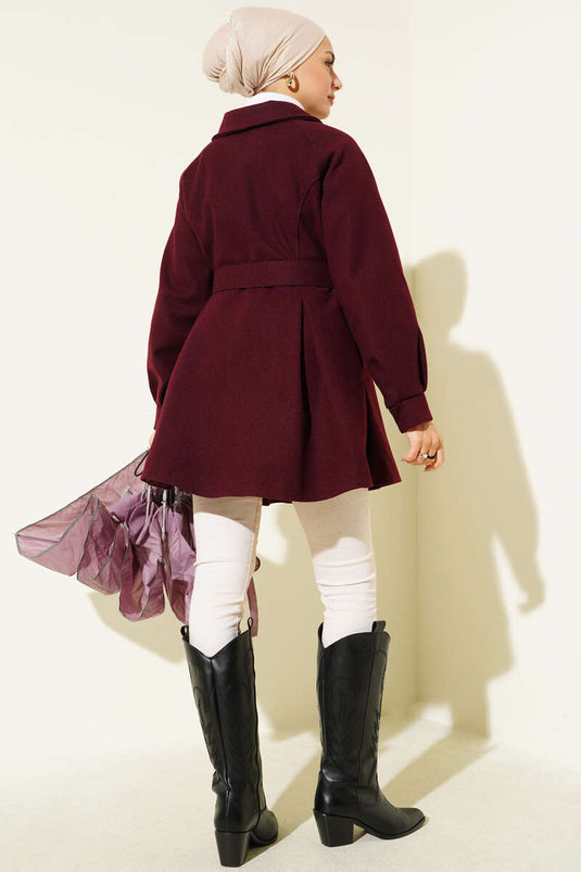 Short, belted cashmere coat, burgundy.