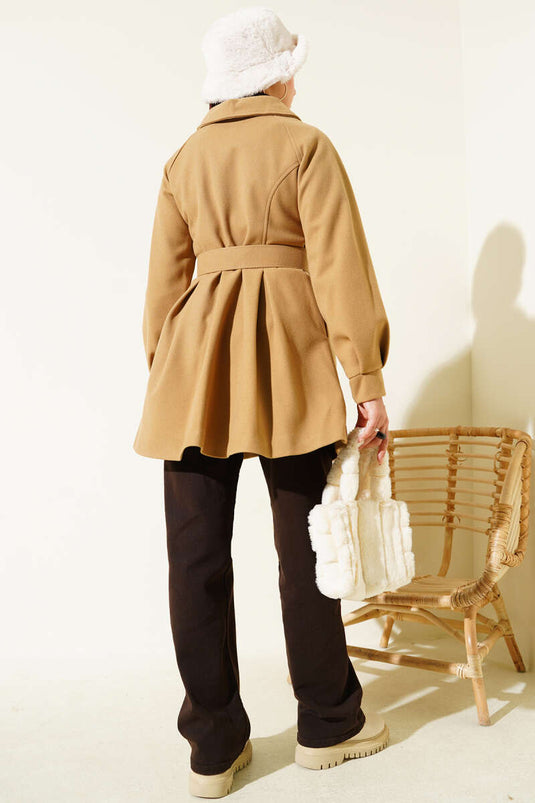 Kemerli Kısa Kaşe Kaban Camel