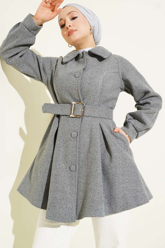 Manteau court en laine bouillie avec ceinture, couleur fumée