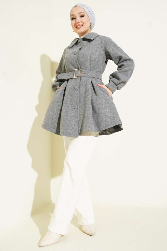 معطف قصير من الكاشيه بحزام بلون دخاني