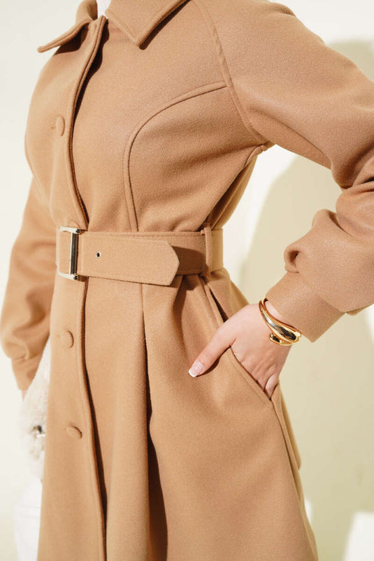 Belted Short Wool Coat Latte