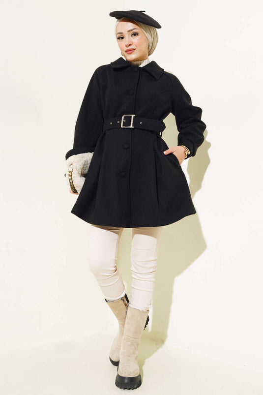 Cappotto corto in cashmere con cintura Nero