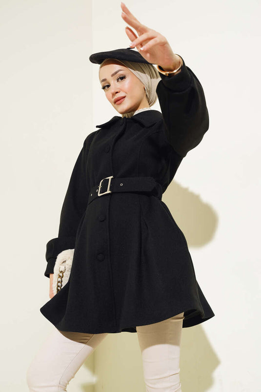 Cappotto corto in cashmere con cintura Nero