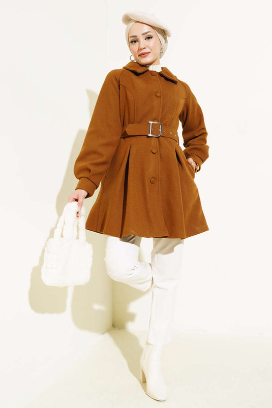 Cappotto corto in cashmere con cintura, marrone chiaro