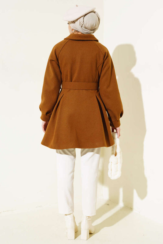 Belted Short Wool Coat Tan