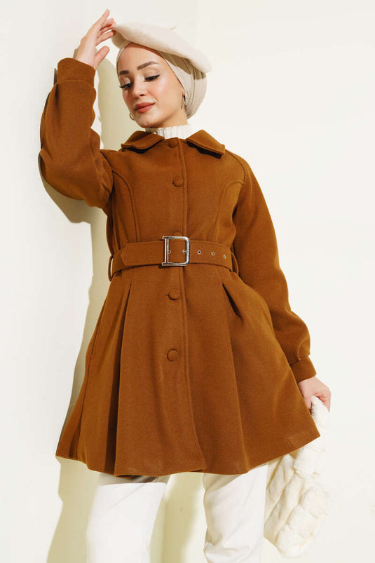 Cappotto corto in cashmere con cintura, marrone chiaro