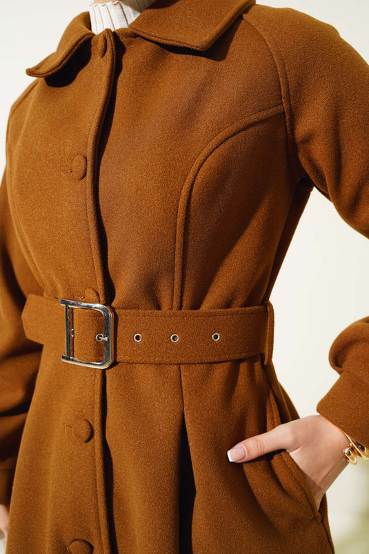 Belted Short Wool Coat Tan