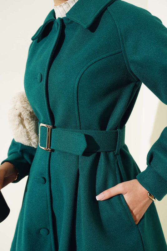 Belted Short Wool Coat Emerald