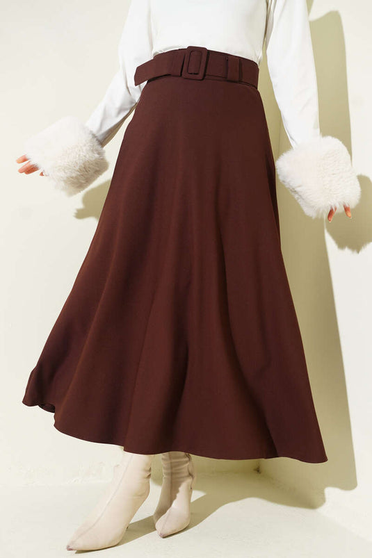 Kemerli Kloş Dabıl Etek Kahve