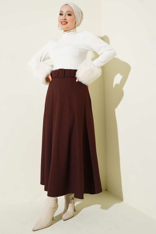 Kemerli Kloş Dabıl Etek Kahve