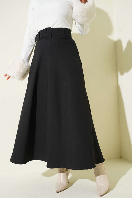 Kemerli Kloş Dabıl Etek Siyah