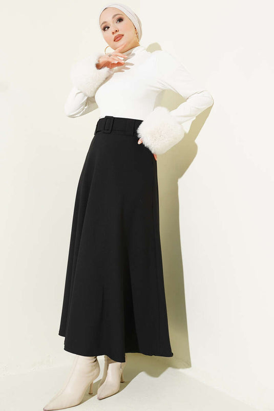 Kemerli Kloş Dabıl Etek Siyah