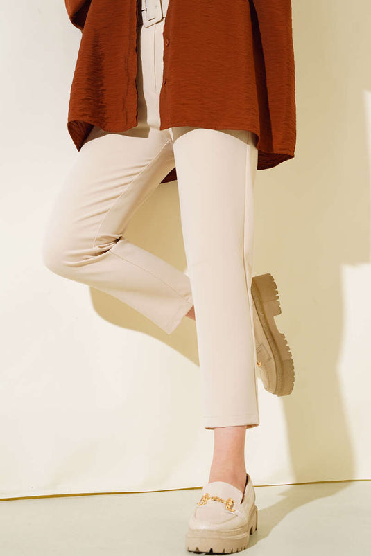 Pantalon Tissu Ceinturé Fermoir Beige
