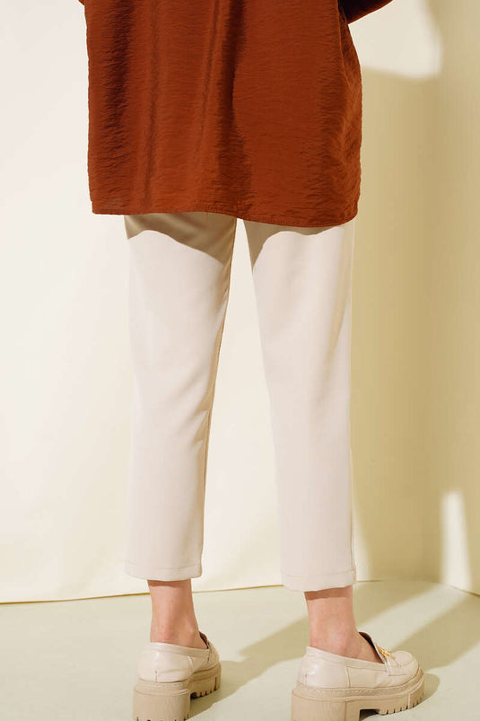 Pantalon Tissu Ceinturé Fermoir Beige