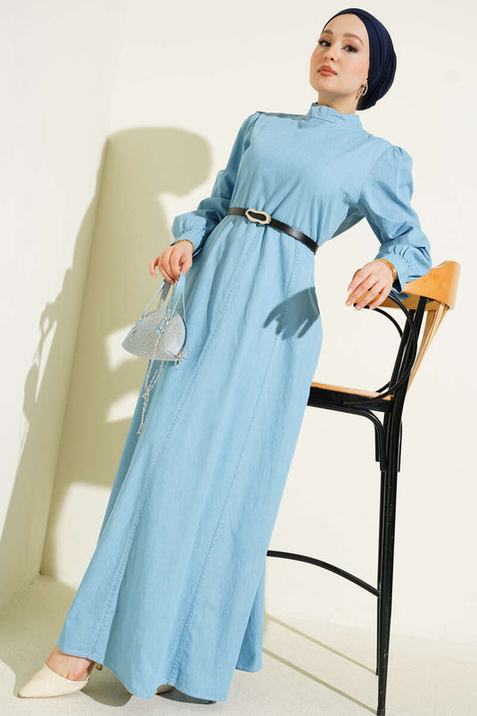Flared Dress with Belt in Light Blue Denim Look