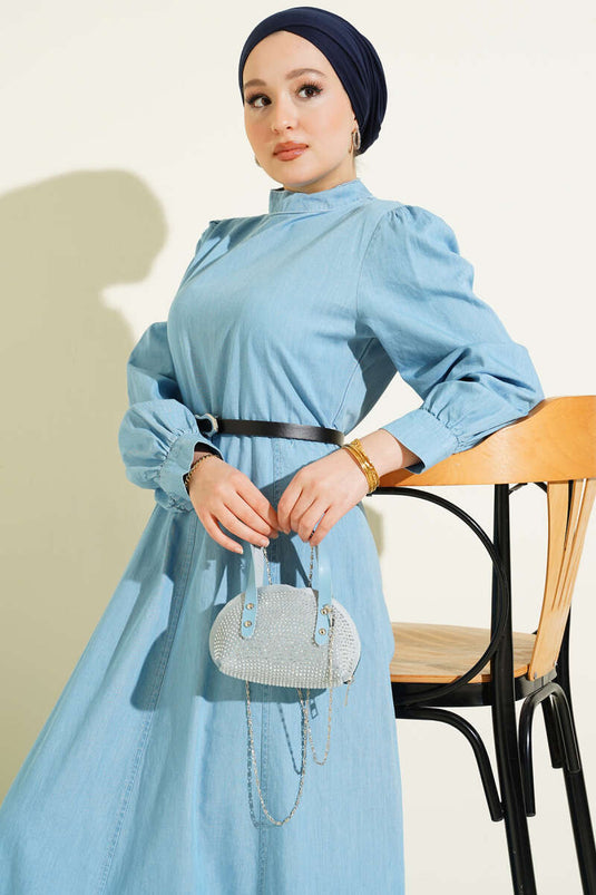 Flared Dress with Belt in Light Blue Denim Look